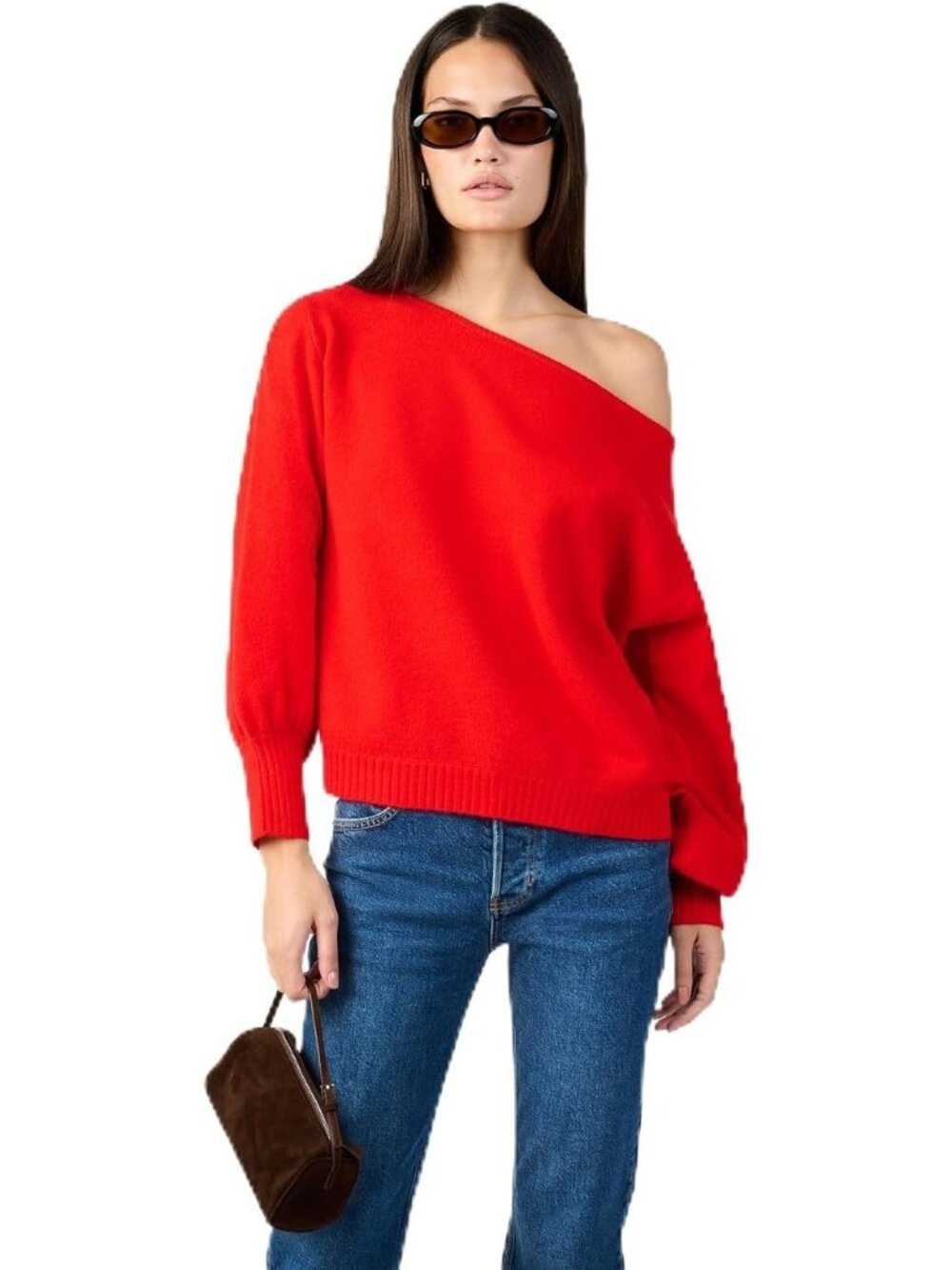 WEWOREWHAT Women's Off The Shoulder Balloon Sleeve Sweater, Red, Medium NWT